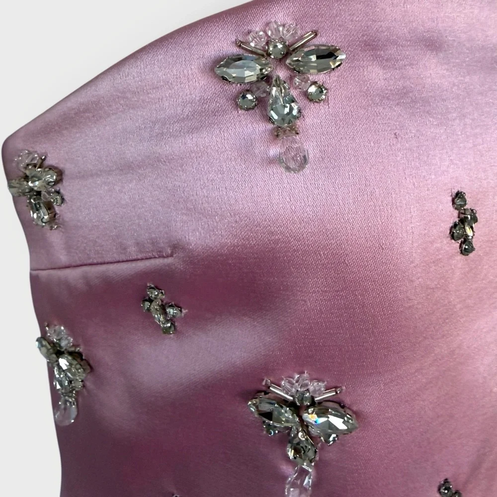 NWT $1098 Elise Blush Pink Satin Crystal Beaded Dress Gown Cocktail XS Rare - Picture 14 of 16